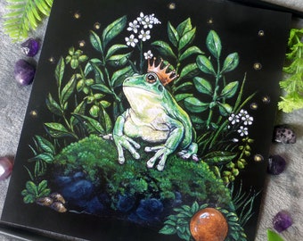 REDUCED Frog prince acrylic painting digital print, frog toad cottagecore fairytale moss nature artwork wall decor square print