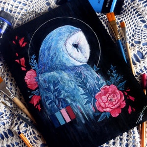 REDUCED Owl acrylic grunge aesthetic painting digital print, aesthetic artwork, gothic owl painting print, A5 A4 print wall decoration