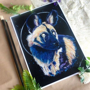 African wild dog painting digital print, celestial animal art print, painted dog artwork, fantasy animal serene print A5 A4 wall decoration