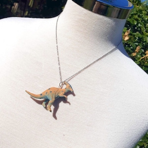 Parasaurolophus parasaur dinosaur necklace, upcycled eco friendly jewellery reworked gift ideas, dinosaur jurassic palaeontology 90s vintage