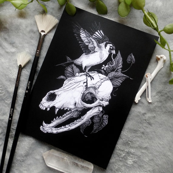 Goldfinch Fox Skull Gothic Style Painting Illustration Art Digital