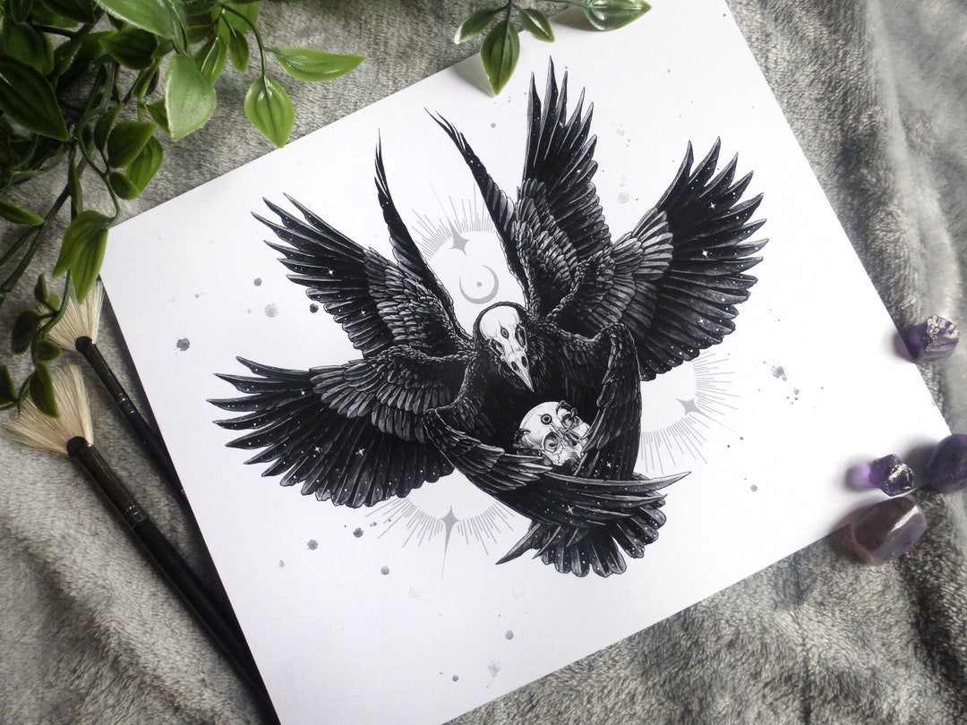 Celestial Raven Bird Wings Illustration Art Painting Print, Astrology ...
