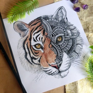 REDUCED Tiger Art Print, Zentangle Tiger Art Digital Print