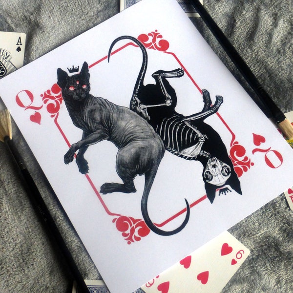 Sphynx cat skeleton gothic spooky digital art print, queen of hearts playing card inspired artwork, cat feline pet skeleton skull print