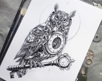 Clockwork Steampunk owl watercolour painting illustration digital print, steampunk esoteric mechanical creation, art artist wall decoration