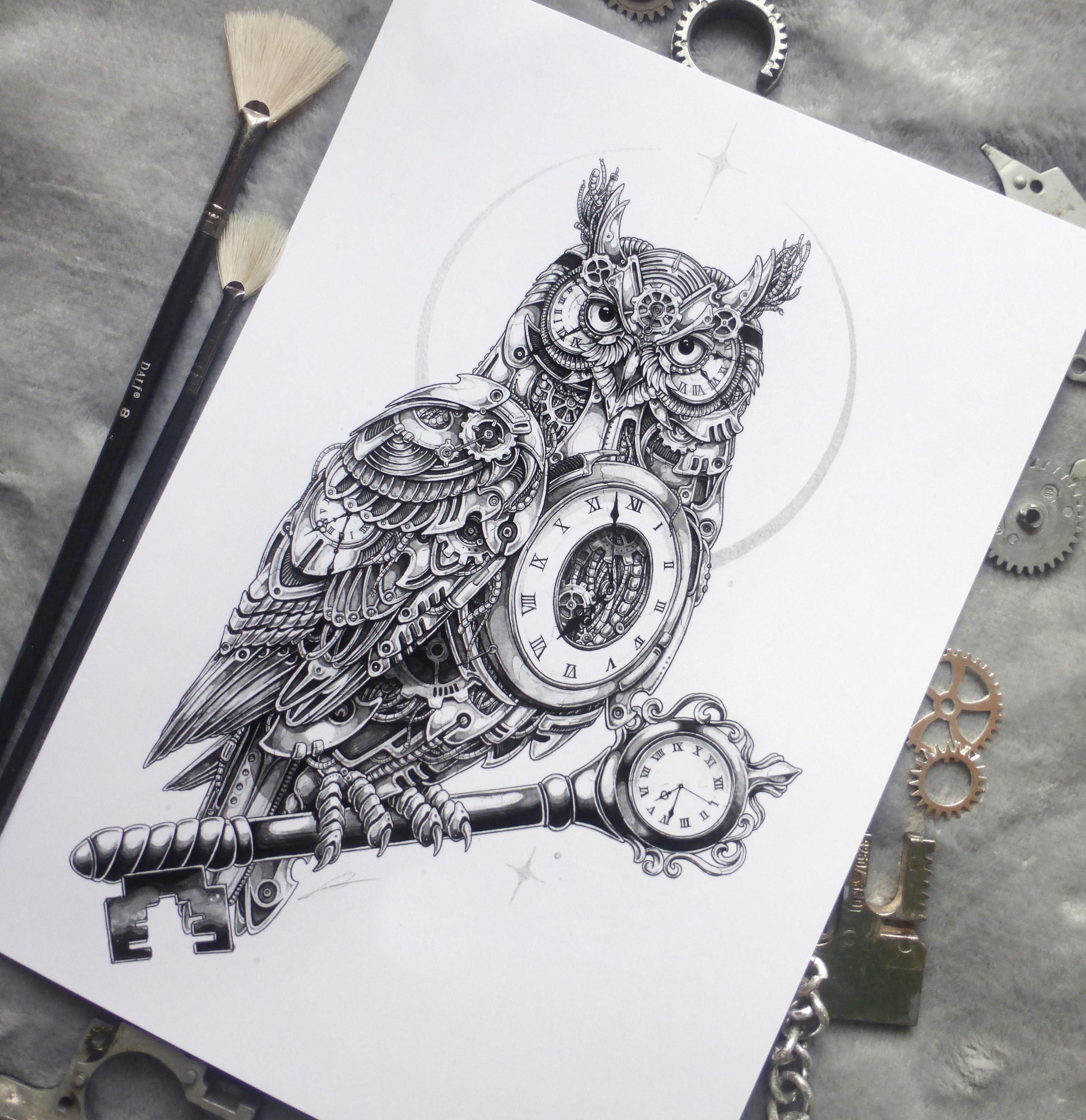 Clockwork Steampunk owl watercolour painting illustration digital print, steampunk esoteric mechanic