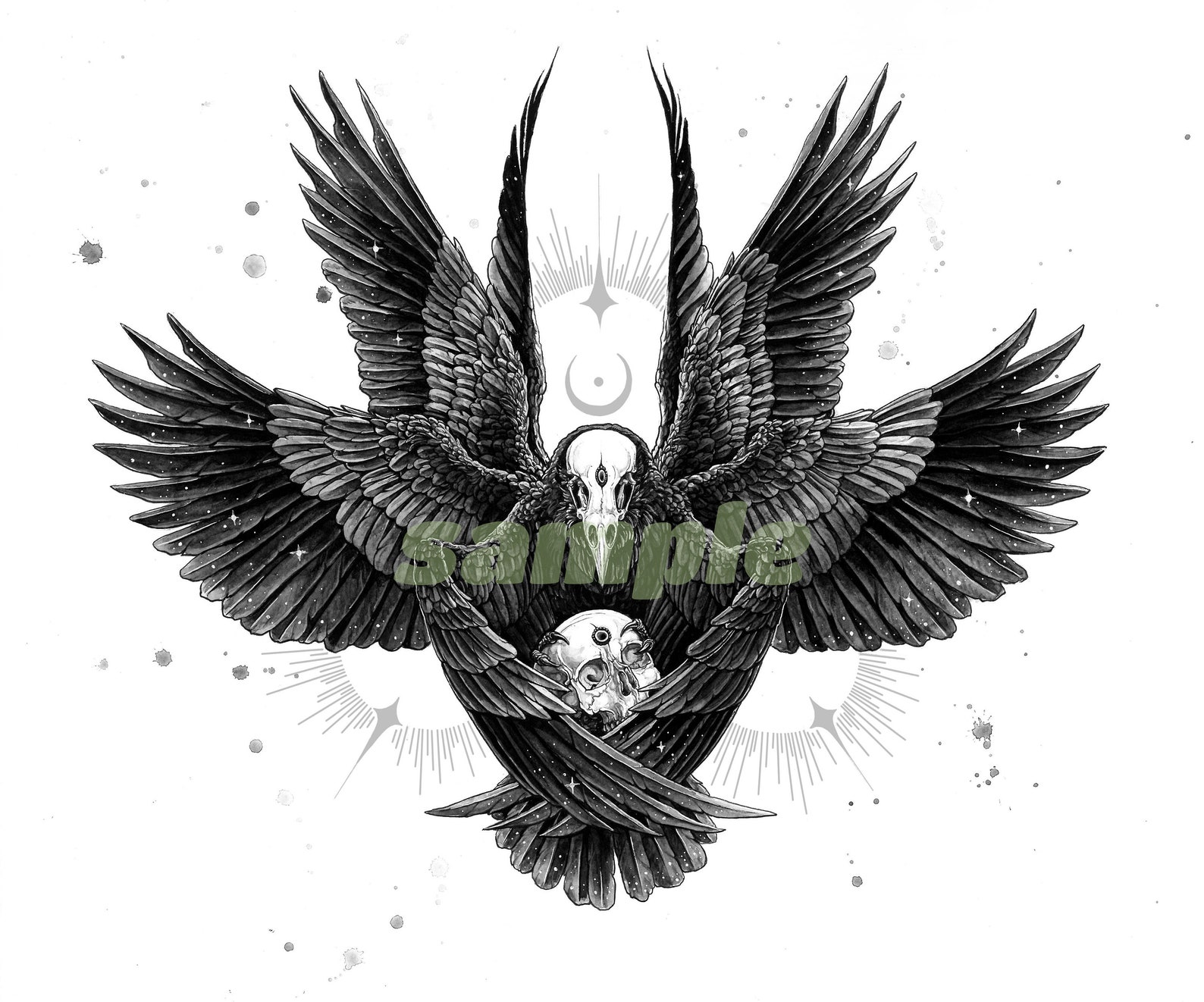 Celestial Raven Bird Wings Illustration Art Painting Print, Astrology ...