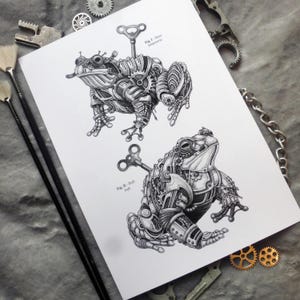 Steampunk mechanischer Frosch Krötenentwurf Aquarell Illustration Kunst Digitaldruck, Steampunk Uhrwerk aufziehen antikes Plakat wissenschaftliche Kunst