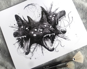 Hellhound cerberus spooky horror art print, watercolour painting artist art digital print, dog canine wolf mutant demon underworld mythology
