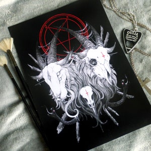 Demon satanic goats Baphomet illustration art painting print, pentagram sigil design goat skulls snakes demonic ghost Satanism devil death