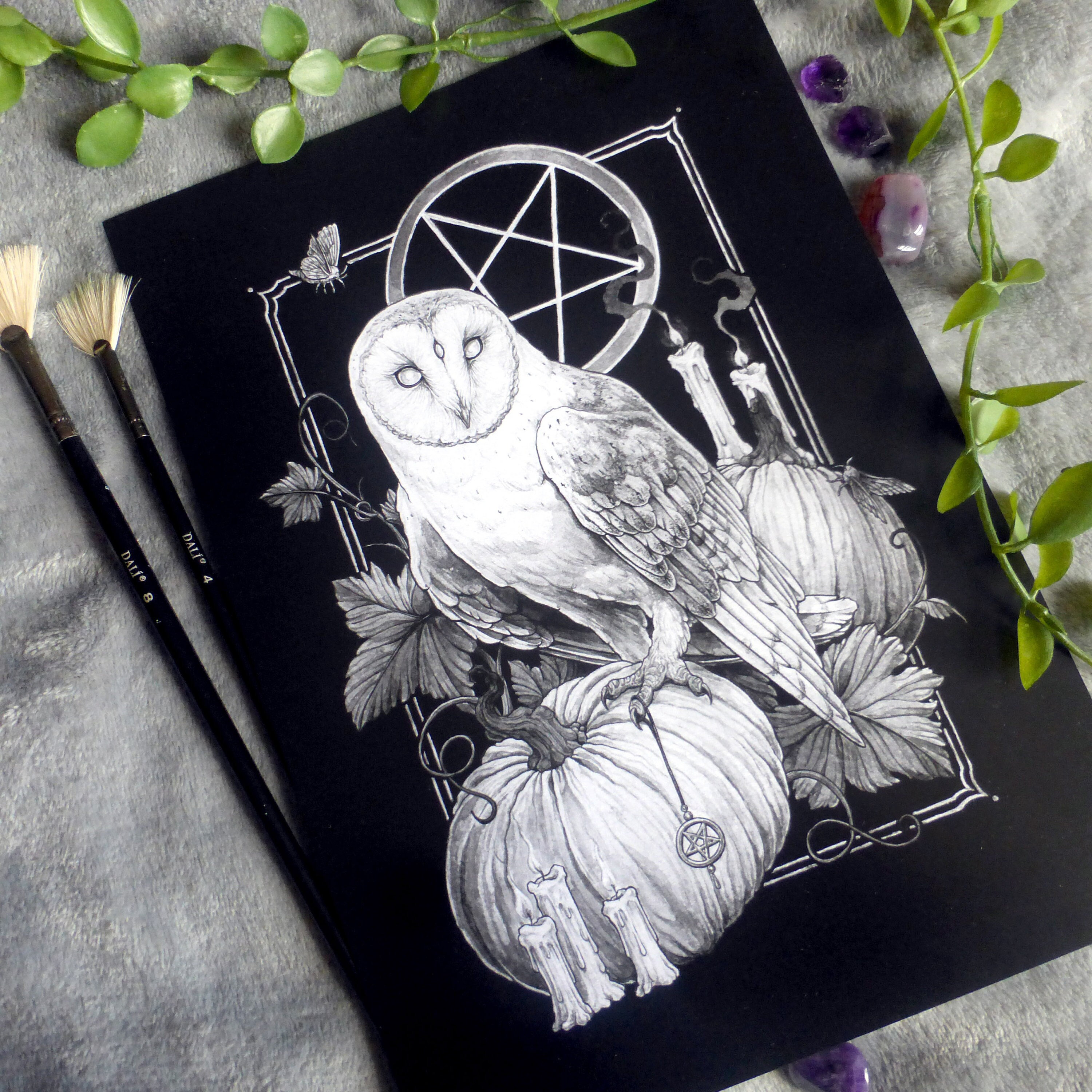 Barn owl witch's familiar watercolour art illustration print, spooky fall autumn Halloween witch