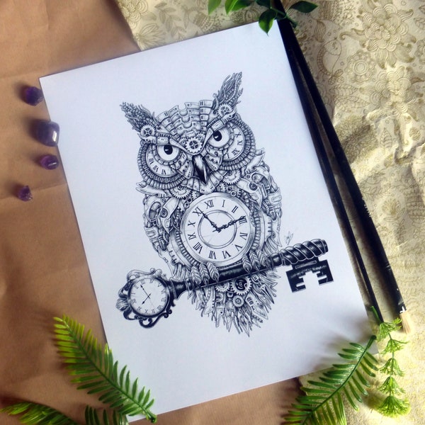 REDUCED Steampunk owl illustration digital print artwork, steampunk artwork wall decoration gift, A4 digital print, owl artwork mechanical