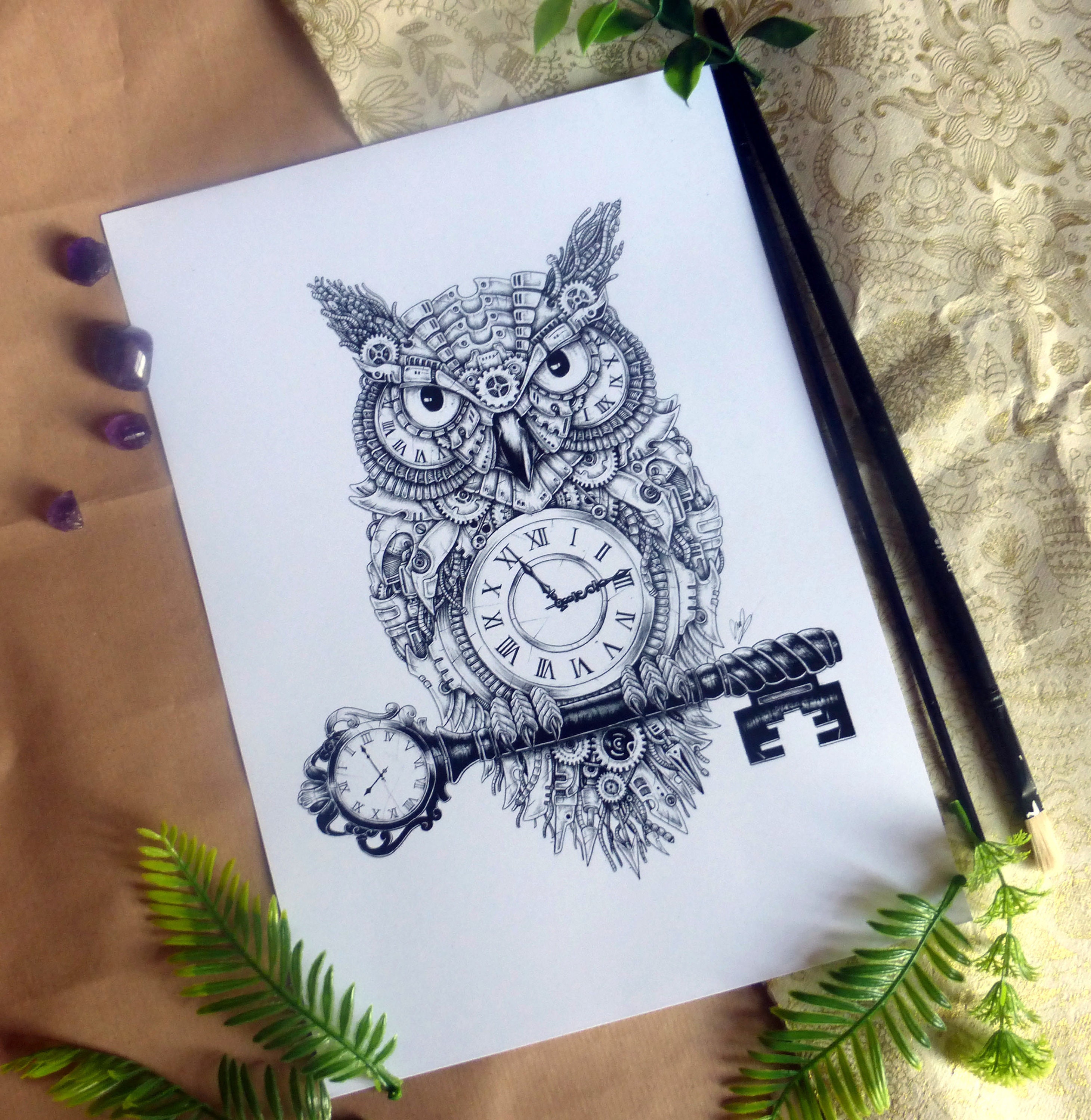 REDUCED Steampunk owl illustration digital print artwork, steampunk artwork wall decoration gift, A4