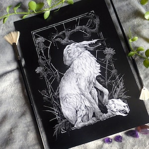 Jackalope hare cryptid watercolour painting illustration print, hare rabbit thistles antlers spooky gothic dark illustration wall art decor
