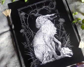Jackalope hare cryptid watercolour painting illustration print, hare rabbit thistles antlers spooky gothic dark illustration wall art decor