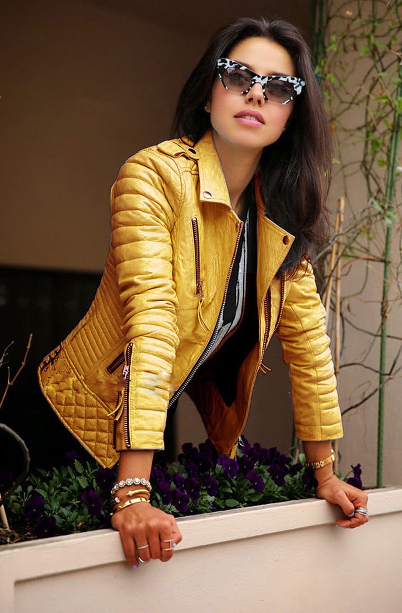 Biker Jacket Handmade Personalized Genuine Leather Jacket Yellow Jacket Slim Fit Leather Jacket for Women