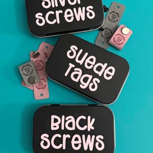 Black Notions Tin with Hinged Lid and Custom Vinyl, Chicago Screw tin, Suede Tag tin