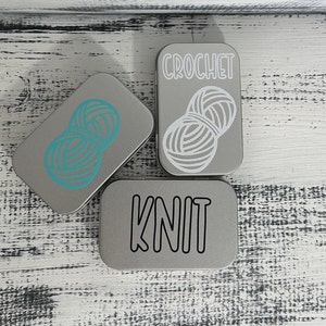 Silver Notions Tin with Hinged Lid and Custom Vinyl, Crochet Tin, Knit Tin, Yarn Notions box, Stitch Marker Tin