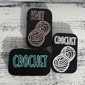 Black Notions Tin with Hinged Lid and Custom Vinyl, Crochet Tin, Knit Tin, Yarn Notions box, Stitch Marker Tin