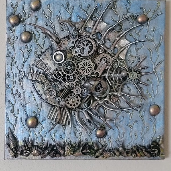 Steampunk Fish Wall Art: 3D Recycled Metal Decor, 10" x 10"