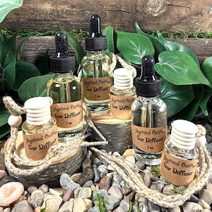 May include: Four glass bottles with droppers filled with clear liquid and labeled "Mystical OutPest Car Diffuser 1 oz". The bottles are arranged on a wooden surface with small stones and green foliage.