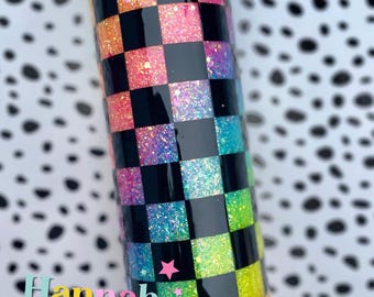 Neon Checkered Glitter Tumbler – Custom Epoxy Cup – Trendy 20 oz/30 oz Tumbler – Bright Checkered Pattern – Gift for Her