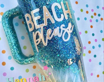 Custom 40 oz Glitter Tumbler with Handle – Epoxy Cup – Personalized Glitter Cup – Sparkle Drinkware Gift for Her - Beach Glitter Tumbler