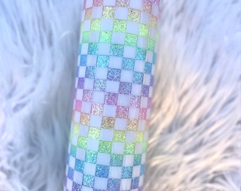 Pastel Checkered Glitter Tumbler – Custom Epoxy Cup – Trendy 20 oz/30 oz Tumbler – Bright Checkered Pattern – Gift for Her