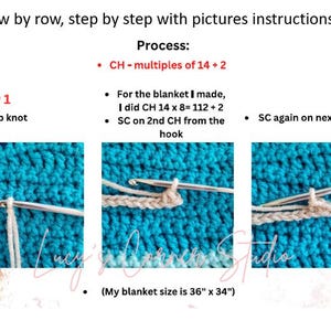 Peut inclure: Gros plan sur un projet de crochet en cours. L'image montre trois &eacute;tapes&nbsp;: un n&oelig;ud coulant, une maille serr&eacute;e et une maille serr&eacute;e sur la maille suivante. Le texte de l'image est le suivant&nbsp;: &laquo;&nbsp;Rang par rang, &eacute;tape par &eacute;tape avec des instructions illustr&eacute;es&nbsp;: Processus&nbsp;: CH - multiples de 14 + 2 Pour la couverture que j'ai faite, j'ai fait CH 14 x 8 = 112 + 2 MS sur la 2e CH &agrave; partir du crochet MS &agrave; nouveau sur la maille suivante (point) (Ma couverture mesure 36&nbsp;x&nbsp;34&nbsp;pouces)&nbsp;&raquo;