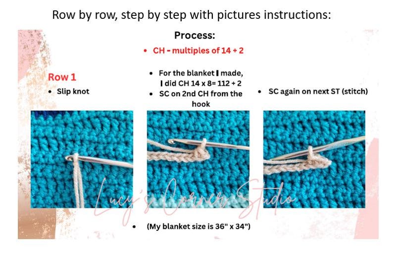 Peut inclure: Gros plan sur un projet de crochet en cours. L'image montre trois &eacute;tapes&nbsp;: un n&oelig;ud coulant, une maille serr&eacute;e et une maille serr&eacute;e sur la maille suivante. Le texte de l'image est le suivant&nbsp;: &laquo;&nbsp;Rang par rang, &eacute;tape par &eacute;tape avec des instructions illustr&eacute;es&nbsp;: Processus&nbsp;: CH - multiples de 14 + 2 Pour la couverture que j'ai faite, j'ai fait CH 14 x 8 = 112 + 2 MS sur la 2e CH &agrave; partir du crochet MS &agrave; nouveau sur la maille suivante (point) (Ma couverture mesure 36&nbsp;x&nbsp;34&nbsp;pouces)&nbsp;&raquo;