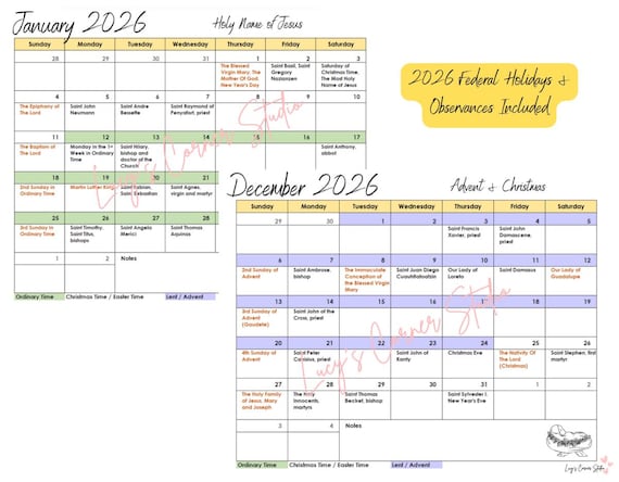 2026 Printable Monthly Catholic Calendar, Liturgical Catholic ...