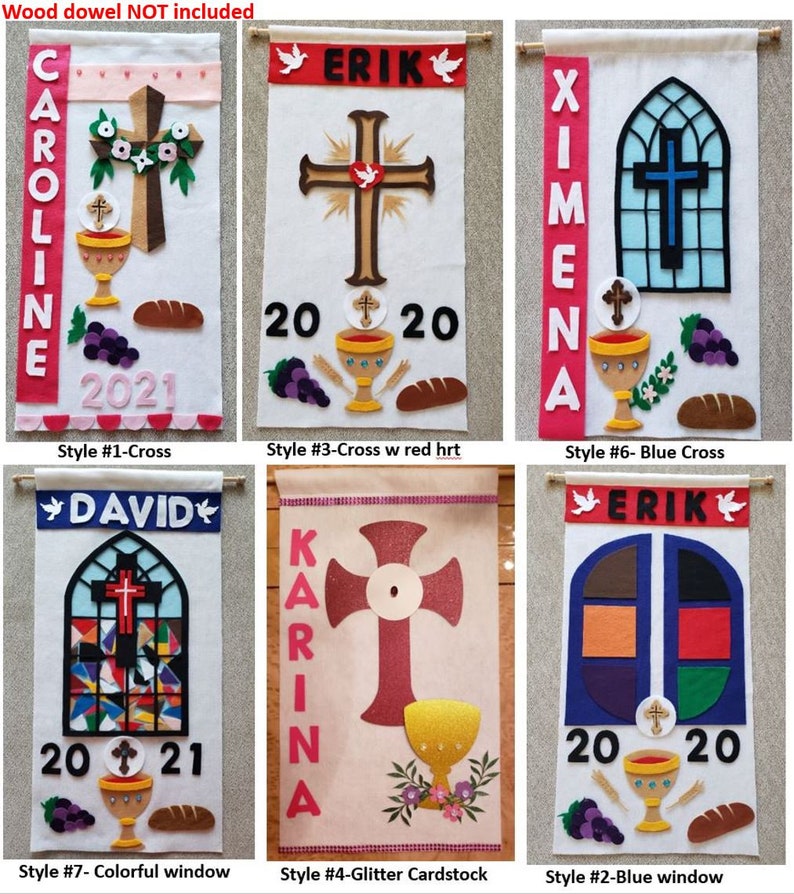 May include: Ten different styles of First Communion banners with various designs, including a cross, a window, and glitter cardstock. Each banner features a name, the year 2020 or 2021, and a chalice.