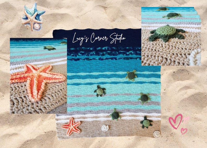 Peut inclure: Une couverture de plage en crochet avec un motif ray&eacute; bleu et blanc. La couverture pr&eacute;sente une &eacute;toile de mer, des coquillages et plusieurs tortues de mer en crochet. Le texte "Lucy's Corner Studio" est visible dans le coin sup&eacute;rieur droit de la couverture.