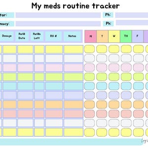 Puede incluir: Un rastreador de rutina de medicamentos colorido con el título "My meds routine tracker". El rastreador incluye secciones para el nombre del medicamento, la dosis, la información de recarga y un horario semanal con casillas codificadas por colores.