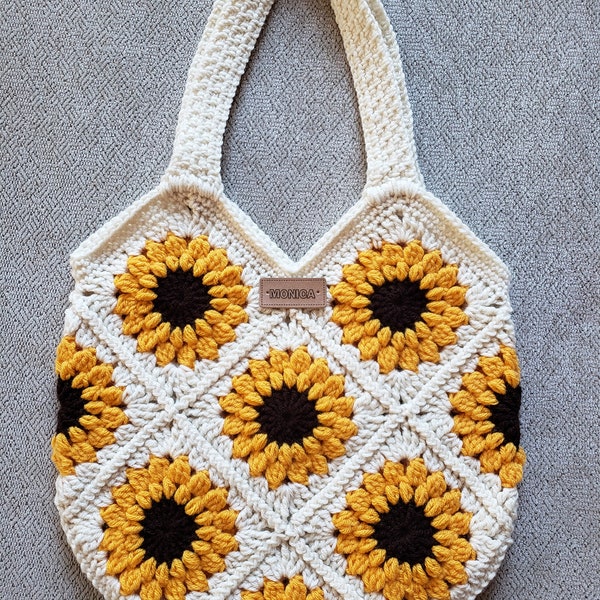 Crochet Bag PATTERN, Granny's square tote pattern, crochet purse, crochet bag, crochet gift, sunflower bag, sunflower purse -  PDF Download