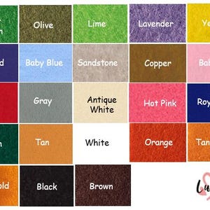 May include: A color chart with 20 different felt fabric swatches. The swatches are arranged in a grid of five rows and four columns. The colors include light green, olive, lime, lavender, yellow, orchid, baby blue, sandstone, copper, baby pink, red, gray, antique white, hot pink, royal blue, green, tan, white, orange, tangerine, dark gold, black, and brown.