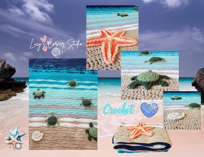 Peut inclure: Couverture au crochet sur le th&egrave;me de la plage. La couverture pr&eacute;sente un motif ray&eacute; bleu clair et blanc avec un fond de couleur sable beige. Il y a plusieurs tortues de mer au crochet et une &eacute;toile de mer sur la couverture. Le texte "Crochet" est &eacute;crit sur l'image.