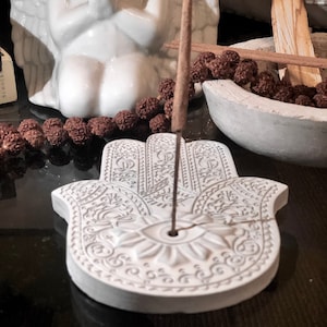 Inspired Vintage Hand Painted Hamsa Concrete Incense Holder | Ash Catcher | Home Decor | Minimalistic Art | Cement | Altar Supply Evil Eye