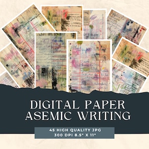 Schizzi di scrittura asemica, carte di sfondo, forniture per collage stampabili, carta per diari spazzatura, album di ritagli con inchiostro acrilico, sfondo per arte astratta