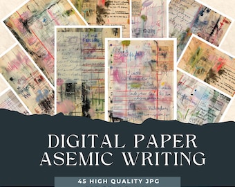 Bocetos de escritura asémica, papeles de fondo, suministros de collage imprimibles, papel de diario basura, álbumes de recortes, tinta acrílica, fondo de arte abstracto