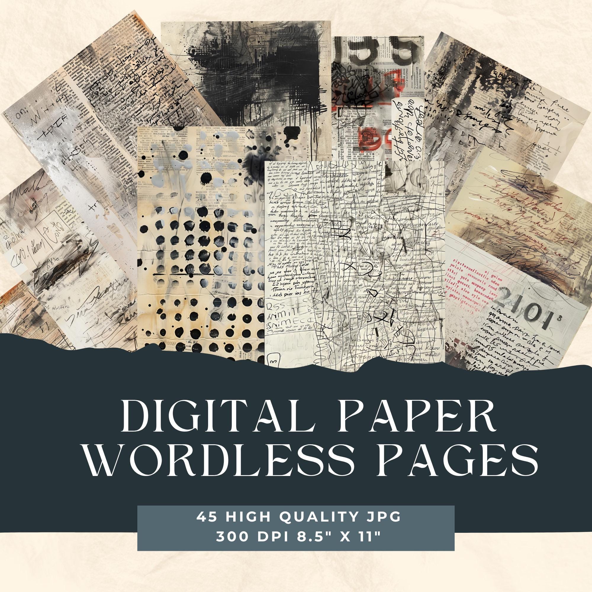 Páginas sin palabras, boceto abstracto, fondo de papel imprimible, escritura asémica, collage artístico, hojas de papel para diarios basura, collage de álbumes de recortes