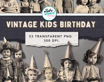 Cliparty z okazji urodzin dzieci w stylu vintage, antyczne fotografie, stare portrety, cyfrowe pamiątki, obrazy do albumów ze zdjęciami