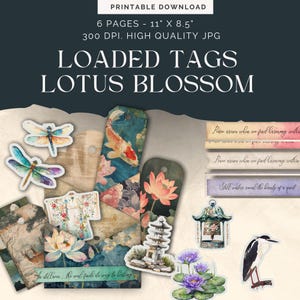 Tags lotusbloesem geladen, Lotus Junk Journal Kit, Journal Crafting Printables Kit, Japanse ambachtelijke versieringen, retraite kortstondig