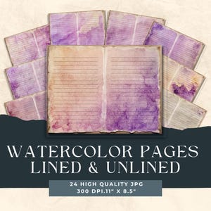 Page de journal aquarelle lavande avec et sans doublure, doubles pages, texture du papier aquarelle, pages imprimables de collage minable, usage commercial
