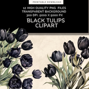 Zwarte tulpen clipart, digitale ambachtelijke download, Pasen clipart, lentebloemen png, gothic bloemen, bloem clipart collage, plakboek collage
