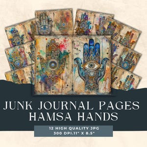 Journal à main Hamsa, shabby chic, pages de journal indésirable, papier brouillon, papier de scrapbooking, symbole de chance, découpage Hamsa, main de Fatima mauvais œil