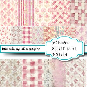 Joli papier rose | 50 feuilles | Méga lot | motif damassé, rayures, pois, fleur de lys | Texture vieillie | Papier numérique A4
