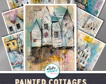Junk Journal Printable Pages, painted cottages, mixed media paper, vintage ephemera background