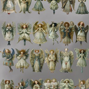 Sheet of many small vintage angels on gray background, arranged PNG cutouts, whimsical angel paper doll printable collage