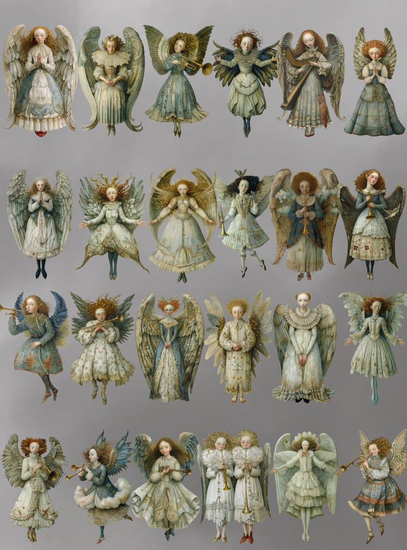 Sheet of many small vintage angels on gray background, arranged PNG cutouts, whimsical angel paper doll printable collage